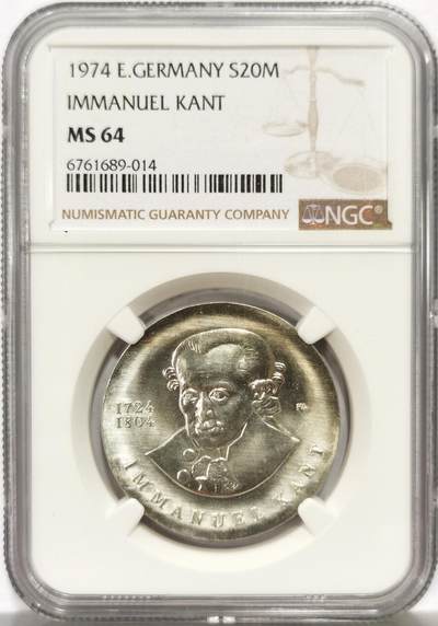 博洋堂世界钱币拍卖第163期（全场包邮） - NGC MS64 东德1974年哲学家康德逝世250周年20马克银币，币面清爽干净又舒适，细节清晰，几乎全新，保存很好。东德纪念银币发行量少，潜力股。