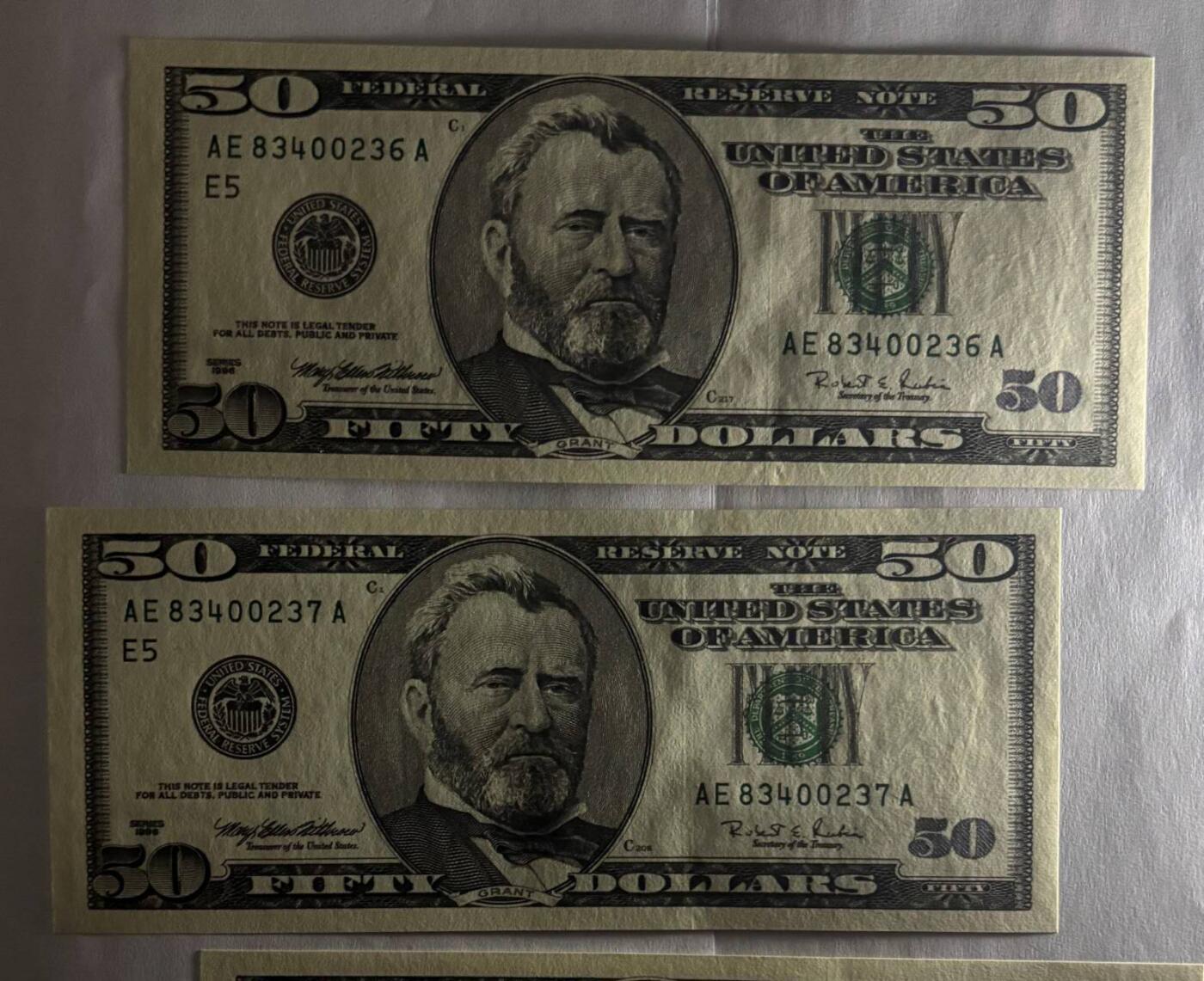 《艾美收藏》第235期-3.8周日外币荟萃 (两连号)美国1996年大头版首发年份50美元 实物如图