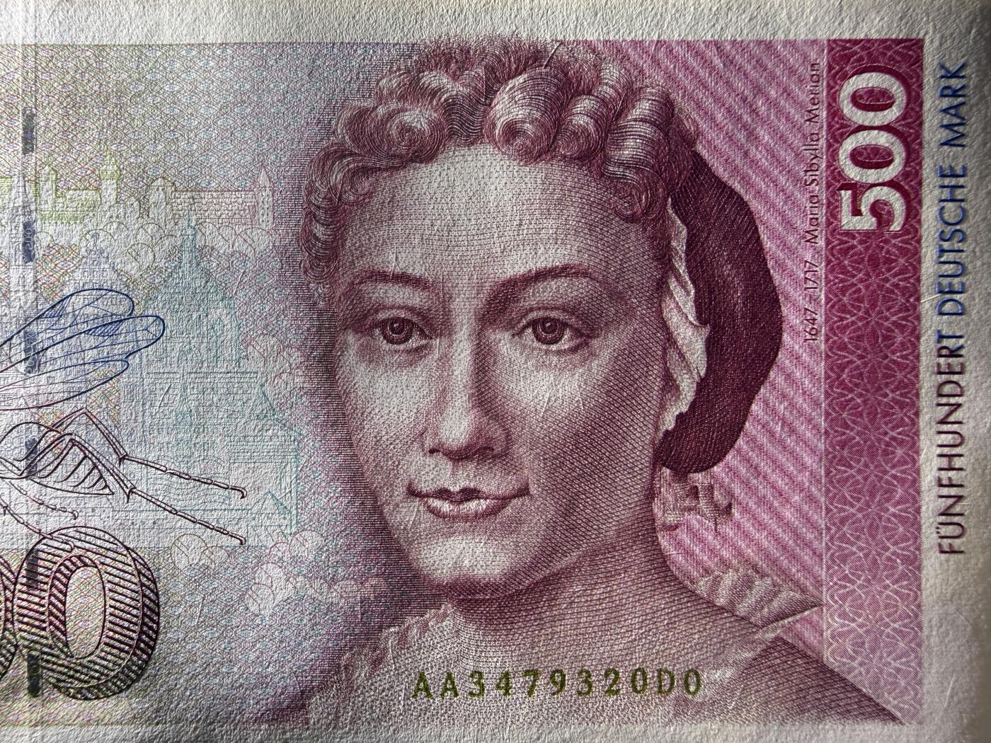 《艾美收藏》第235期-3.8周日外币荟萃 德国500马克 UNC 1991年 德国女画家梅里安 背面有一处小磨损点 AA冠