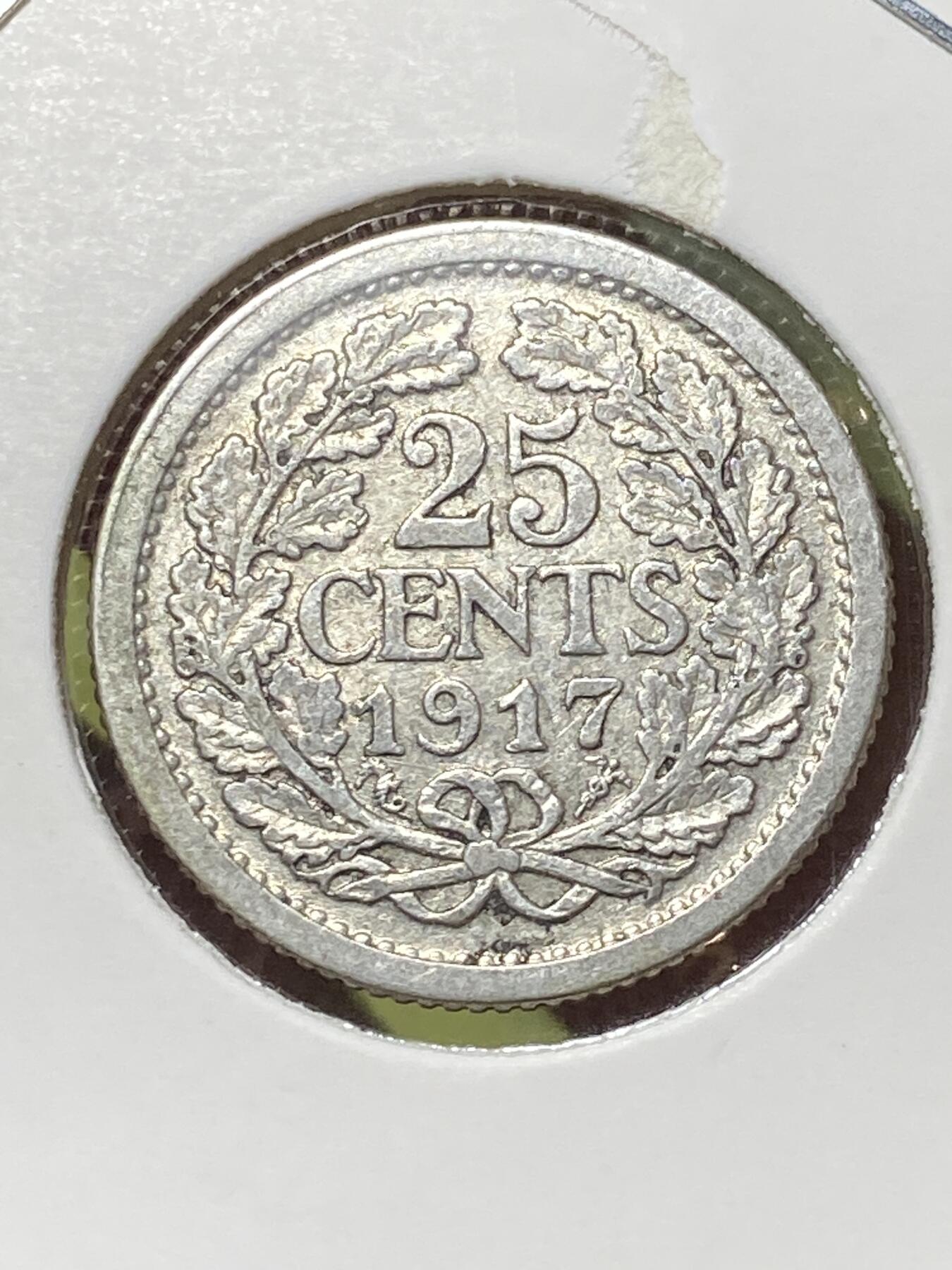 2026年第三十三场(总第二百零二场）外国精品纸夹币场(免佣金) 荷兰🇳🇱1917年25分银币(威廉明娜青年时期，Seahorse –海马标，640银)