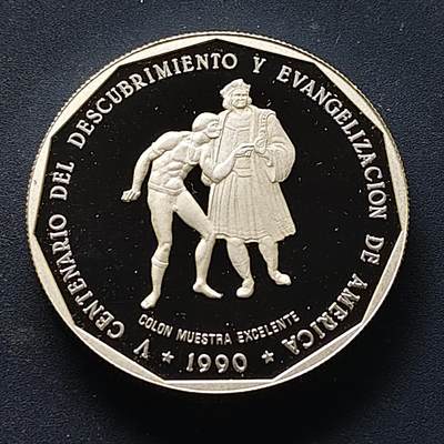 【全场包邮】纯粹捡漏拍509场 - 多米尼加1990年1比索发现美洲500周年精制纪念银币【34毫米31.1克99.9%】