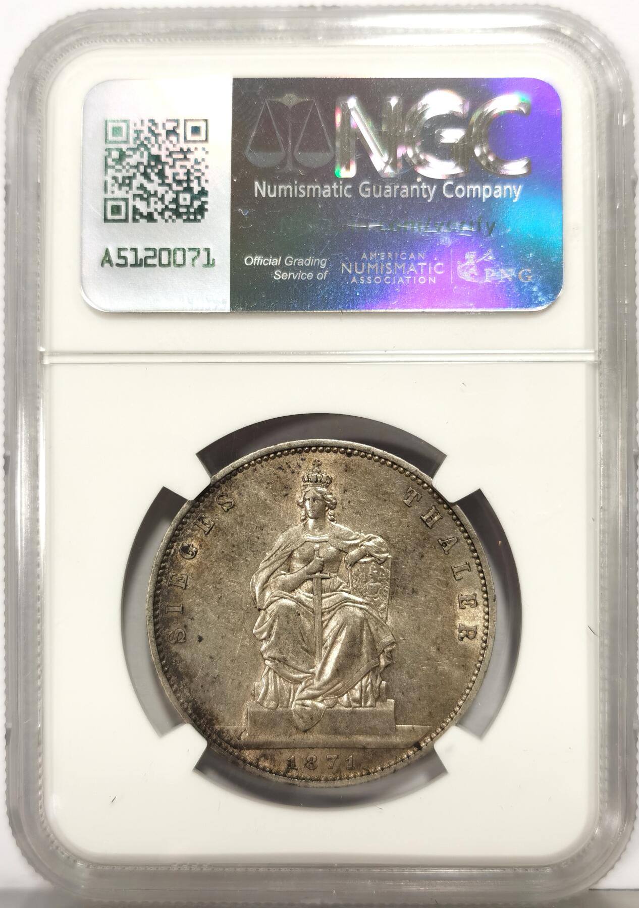 博洋堂世界钱币拍卖第163期（全场包邮） NGC AU55 德国普鲁士1871年普法战争胜利泰勒银币，双面原味老彩包浆，日耳曼尼亚女神细节拉满，压分低评