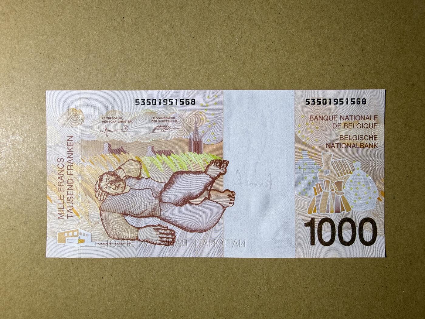 《艾美收藏》第235期-3.8周日外币荟萃 比利时1000法郎 UNC 末版 比利时画家佩尔梅克 背面顶部有处小荧光 无47