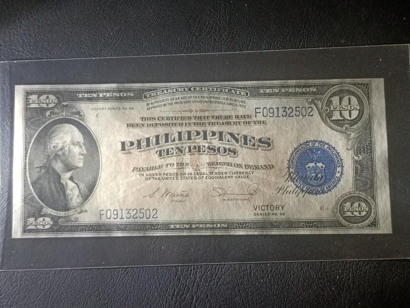 2026三月第一期，总218期 菲律宾国民银行1944版10比索AUNC，菲律宾光复后在旧有钞票上加盖“胜利”字样，华盛顿侧像，浓厚的美国钞票风格，中高面值印刷较为稀有