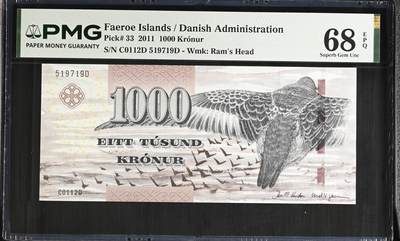 《艾美收藏》第235期-3.8周日外币荟萃 - 法罗群岛2011年1000克朗最高值PMG68E高分无4 IBNS获奖钞粗线版 经典大鹏展翅