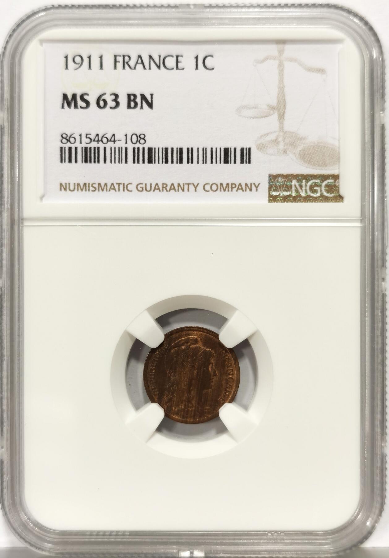 博洋堂世界钱币拍卖第163期（全场包邮） NGC MS63BN 法国1911年玛丽安娜1分铜币，红铜光保留较好