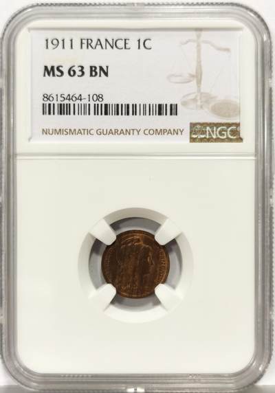 博洋堂世界钱币拍卖第163期（全场包邮） - NGC MS63BN 法国1911年玛丽安娜1分铜币，红铜光保留较好