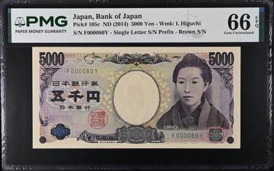 《艾美收藏》第235期-3.8周日外币荟萃 - 日本5000日元 PMG66E 2014年 小号000080