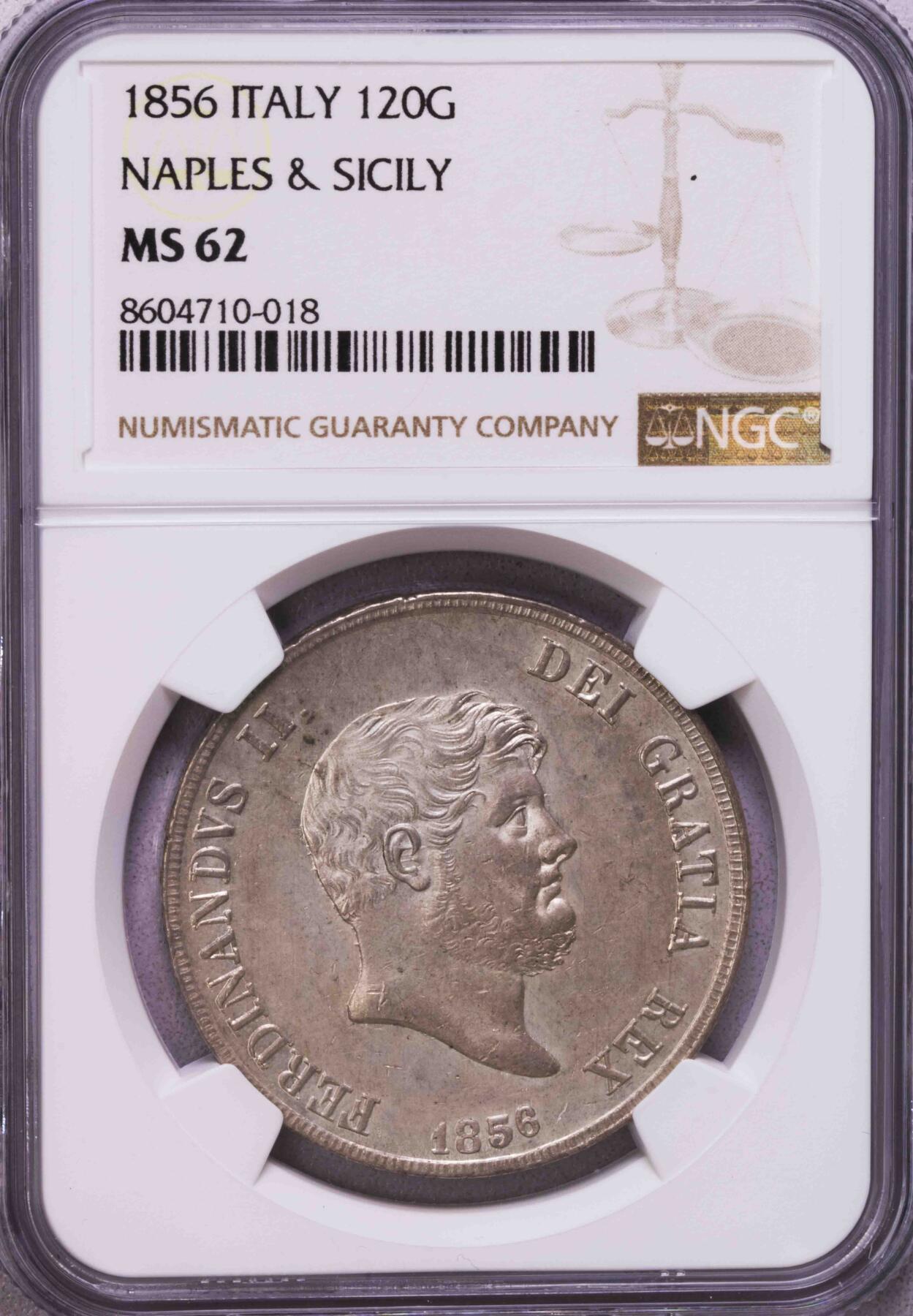 NGC-MS62 1856那不勒斯西西里120G大银币 纸袋包浆