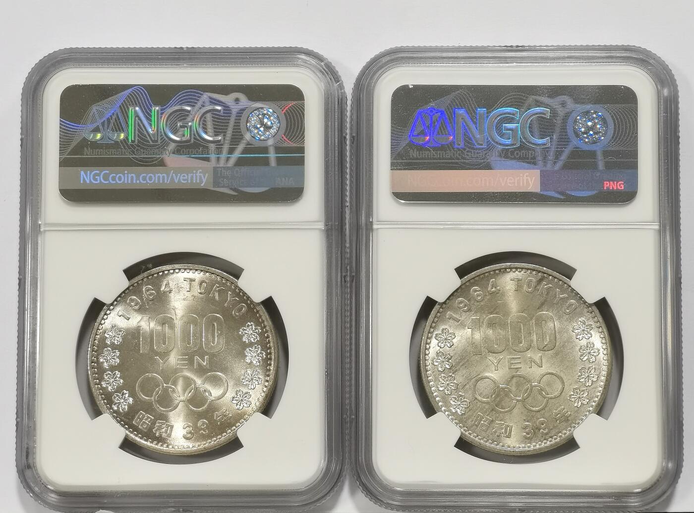 博洋堂世界钱币拍卖第163期（全场包邮） NGC MS64 日本1964东京夏季奥运会纪念银币两枚，原光卷拆品相，一枚卡槽有明显磕损