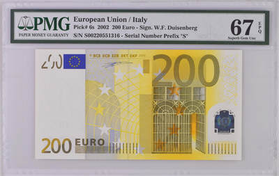 《艾美收藏》第235期-3.8周日外币荟萃 - 欧盟2002年S冠意大利版一签200欧PMG67E高分 更高分仅8张 配色高级感十足 Pick#6s