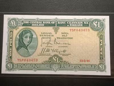 2026三月第一期，总218期 - 爱尔兰1946年1镑UNC-，早期下方有英爱两国货币互换协议的版本，爱尔兰人格化象征“拉维利夫人”