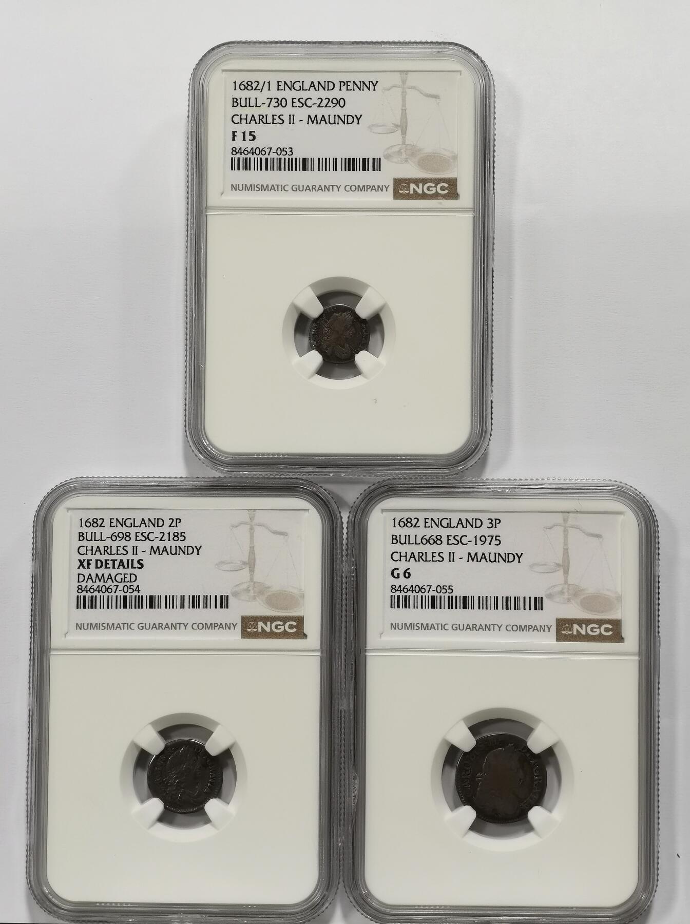 博洋堂世界钱币拍卖第163期（全场包邮） NGC G6-XF 英国1682年查理二世1、2、3便士濯足币一组3枚，非常少见