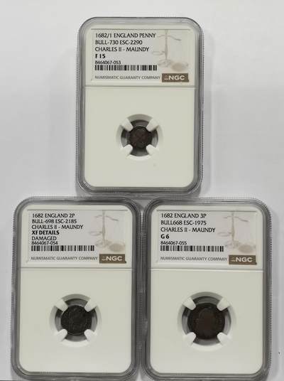 博洋堂世界钱币拍卖第163期（全场包邮） - NGC G6-XF 英国1682年查理二世1、2、3便士濯足币一组3枚，非常少见