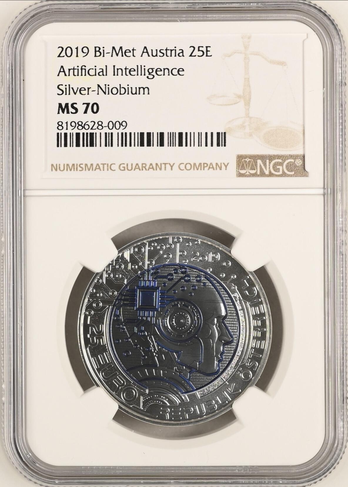 S&S Numismatic世界钱币-拍卖 第121期  获奖币*奥地利2019年 人工智能 25欧元银+铌双色纪念币盒证齐全 NGC MS70冠军分