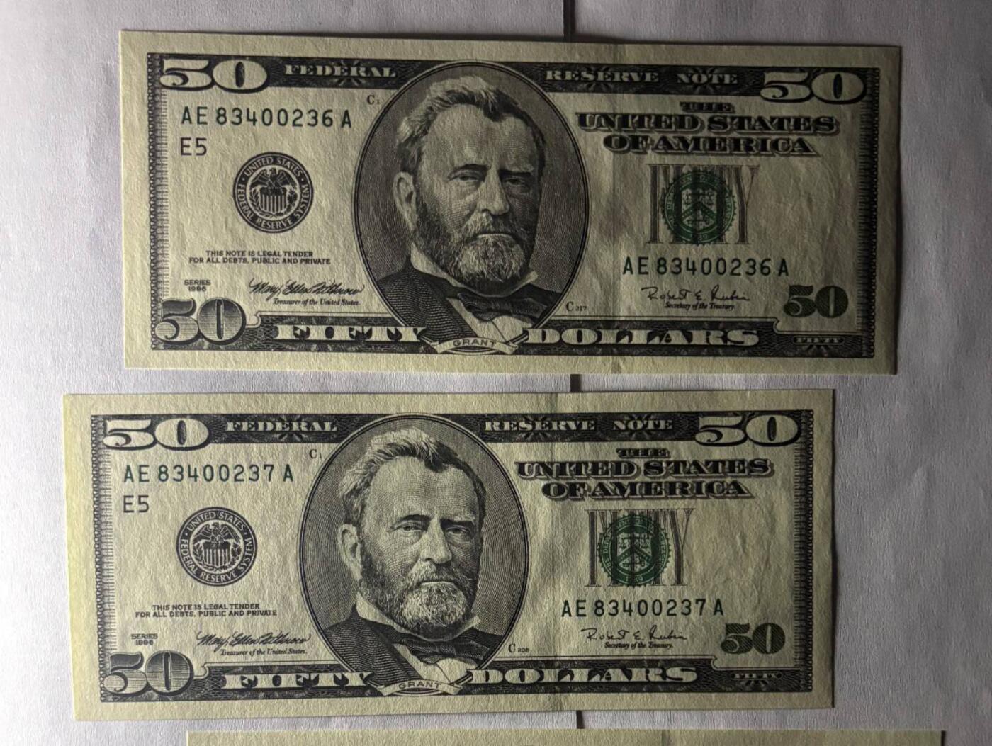 《艾美收藏》第235期-3.8周日外币荟萃 (两连号)美国1996年大头版首发年份50美元 实物如图