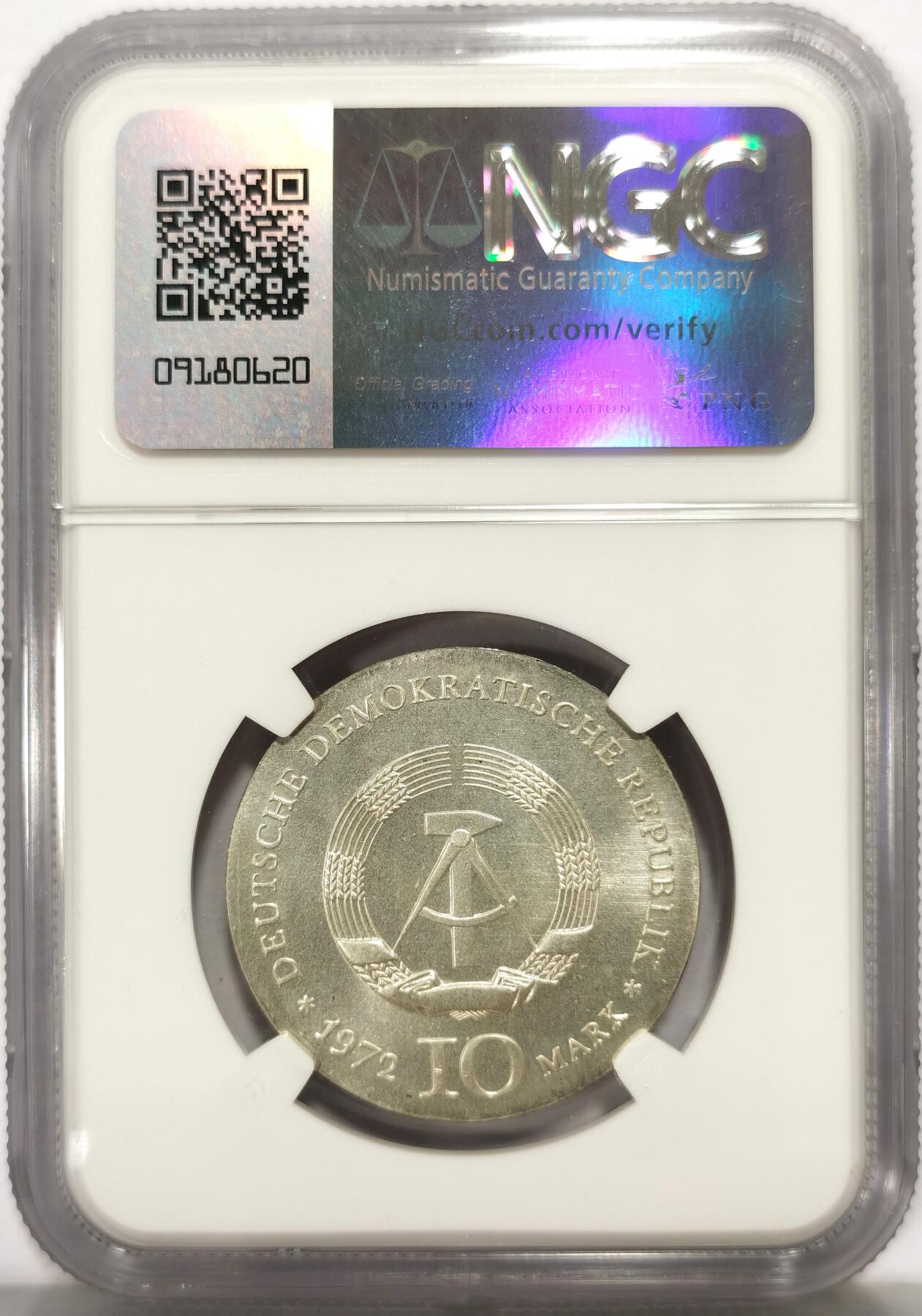 博洋堂世界钱币拍卖第163期（全场包邮） NGC MS67 东德1972年纪念诗人海涅诞辰175周年10马克银币，币面清爽干净又舒适，正反面细节清晰，保存状态极佳，东德纪念银币发行量少，潜力股，亚军分，更高评分数量1枚。