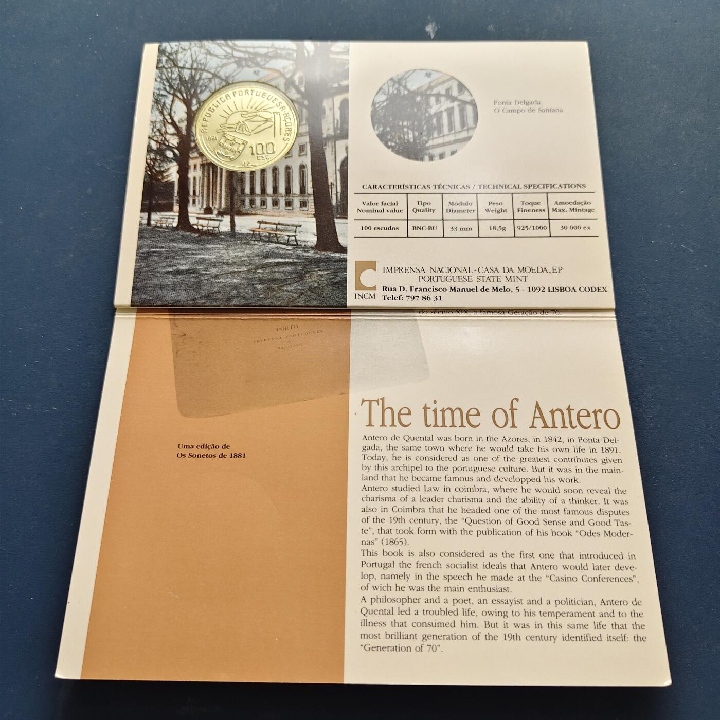 【全场包邮】纯粹捡漏拍509场 葡萄牙1991年100埃斯库多葡萄牙诗人肯塔尔逝世100周年官方卡装纪念银币【34毫米18.5克92.5%】