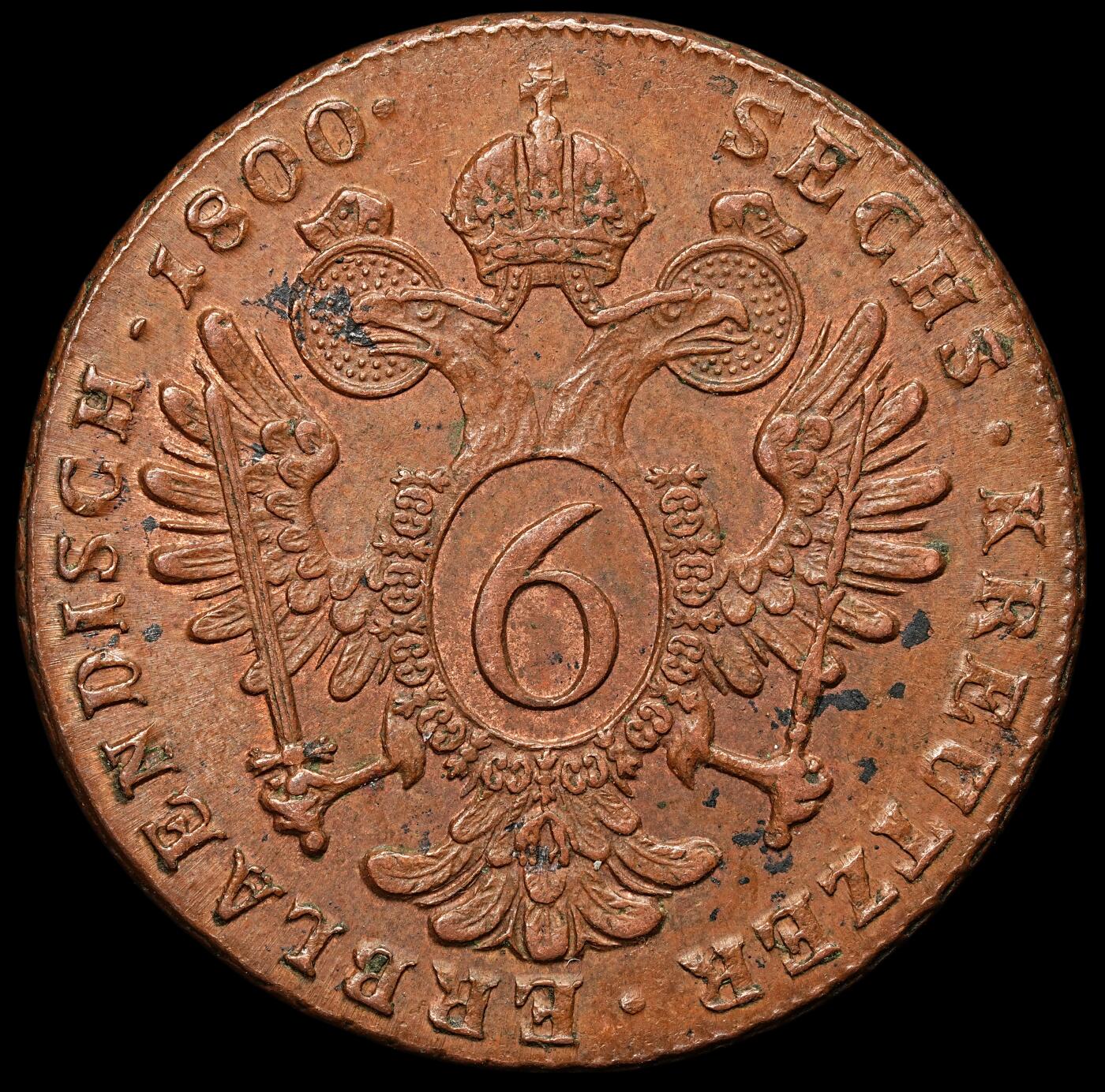 修遠堂世界钱币第106期，请看参拍说明 1800年神圣罗马帝国-奥地利6克鲁泽铜币 S厂铭，AU美品