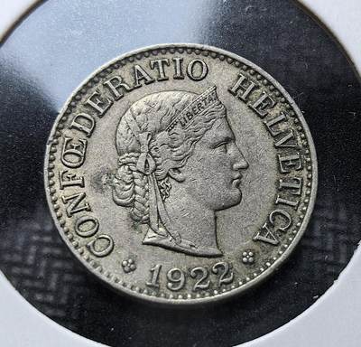 外国优质老铜币银币苏联纪念章，每周六晚九点倒数截拍，满百包邮可寄存，持续收拍 - 瑞士1922年10生丁，属于瑞士联邦流通辅币。正面为头戴冠冕的自由女神头像；背面葡萄花环象征丰收，是近代瑞士法郎体系的经典代表。