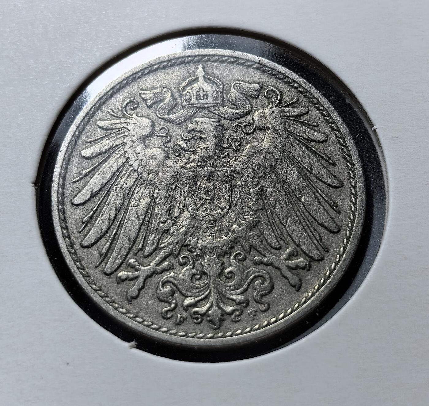 外国优质老铜币银币苏联纪念章，每周六晚九点倒数截拍，满百包邮可寄存，持续收拍 德意志帝国1908年10芬尼F版，属威廉二世时期流通辅币，由柏林铸币厂铸造。正面为面值与国名，背面是帝国鹰徽，见证了第二帝国工业化与殖民扩张阶段的货币体系