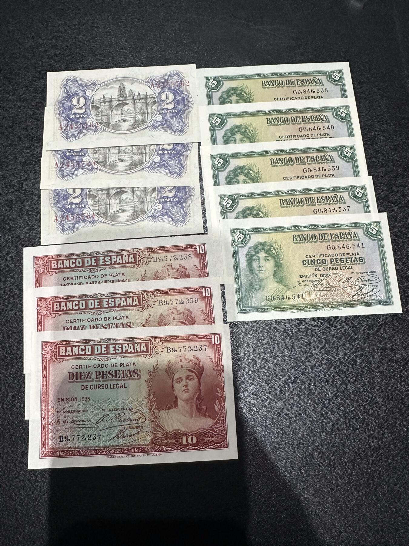 《外钞收藏家》第六百一十五期（畅拍场）（长期征集拍品、欢迎藏友们联系合作） 西班牙2、5、10比塞塔 11张一起 张一起 全新（有一个10比塞塔轻微瑕疵）