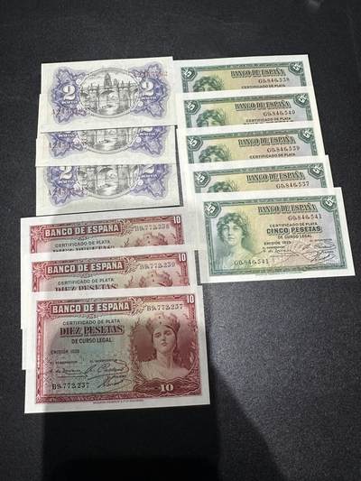 《外钞收藏家》第六百一十五期（畅拍场）（长期征集拍品、欢迎藏友们联系合作） - 西班牙2、5、10比塞塔 11张一起 张一起 全新（有一个10比塞塔轻微瑕疵）