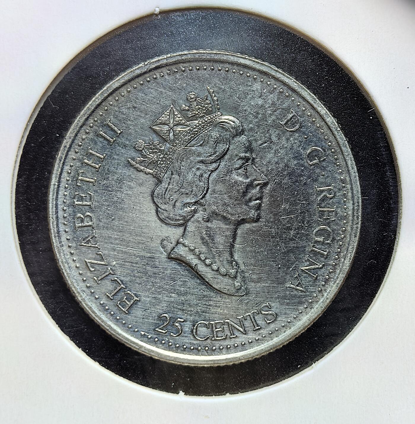 外国优质老铜币银币苏联纪念章，每周六晚九点倒数截拍，满百包邮可寄存，持续收拍 加拿大1999年3月千禧年系列 25 分纪念币，每月发行一枚。背面《木材流放》图案，致敬早期伐木工撑木排运输木材的历史，见证加拿大林业对国家发展的贡献。