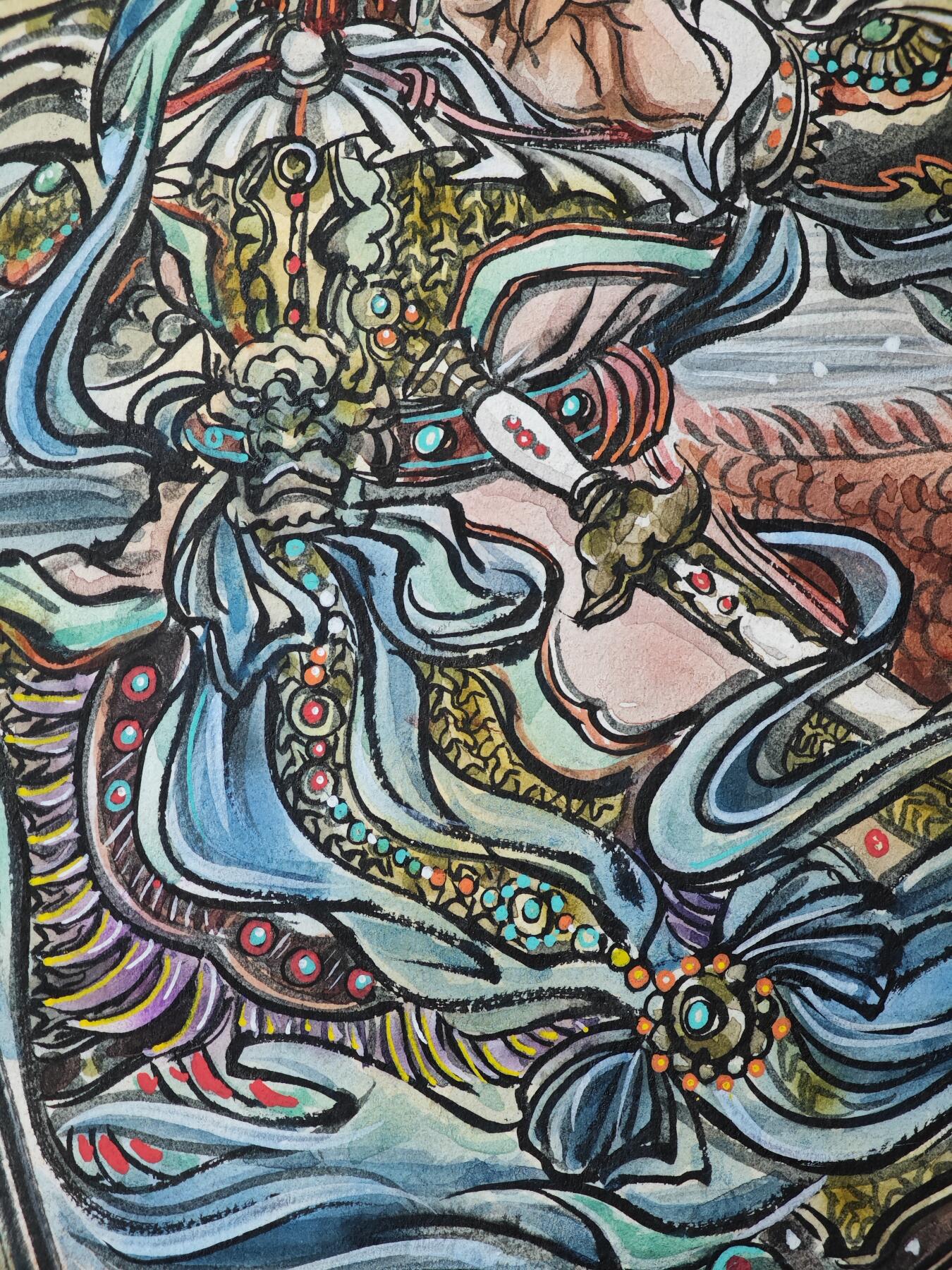 白泽拍卖卡牌手绘专场第33期（去岁千般皆如愿 今年万事定称心） 2025 梓墨手绘画 二郎神 尺寸：26.6cm*38.6cm  梓墨钤印