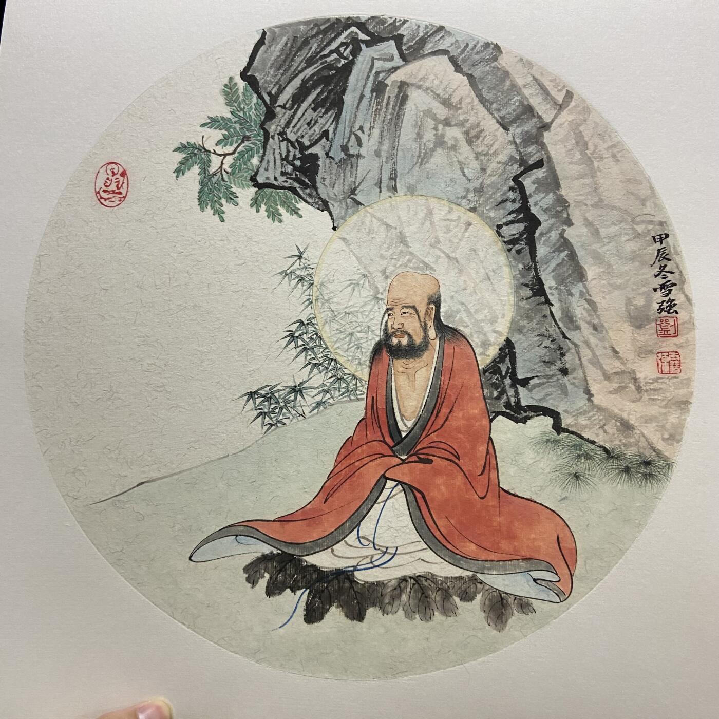 白泽拍卖卡牌手绘专场第33期（去岁千般皆如愿 今年万事定称心） 2024 刘雪强手绘画 达摩 有外框 尺寸：38cm*38cm  刘雪强亲签