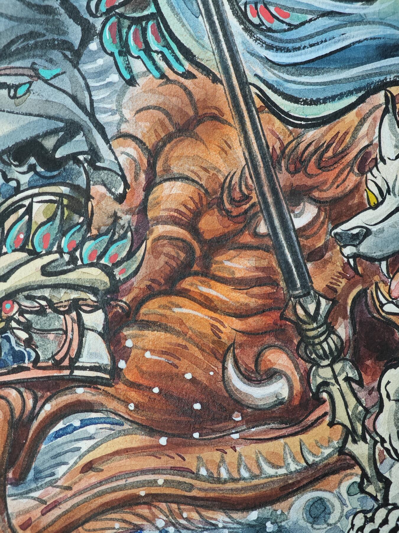 白泽拍卖卡牌手绘专场第33期（去岁千般皆如愿 今年万事定称心） 2025 梓墨手绘画 二郎神 尺寸：26.6cm*38.6cm  梓墨钤印