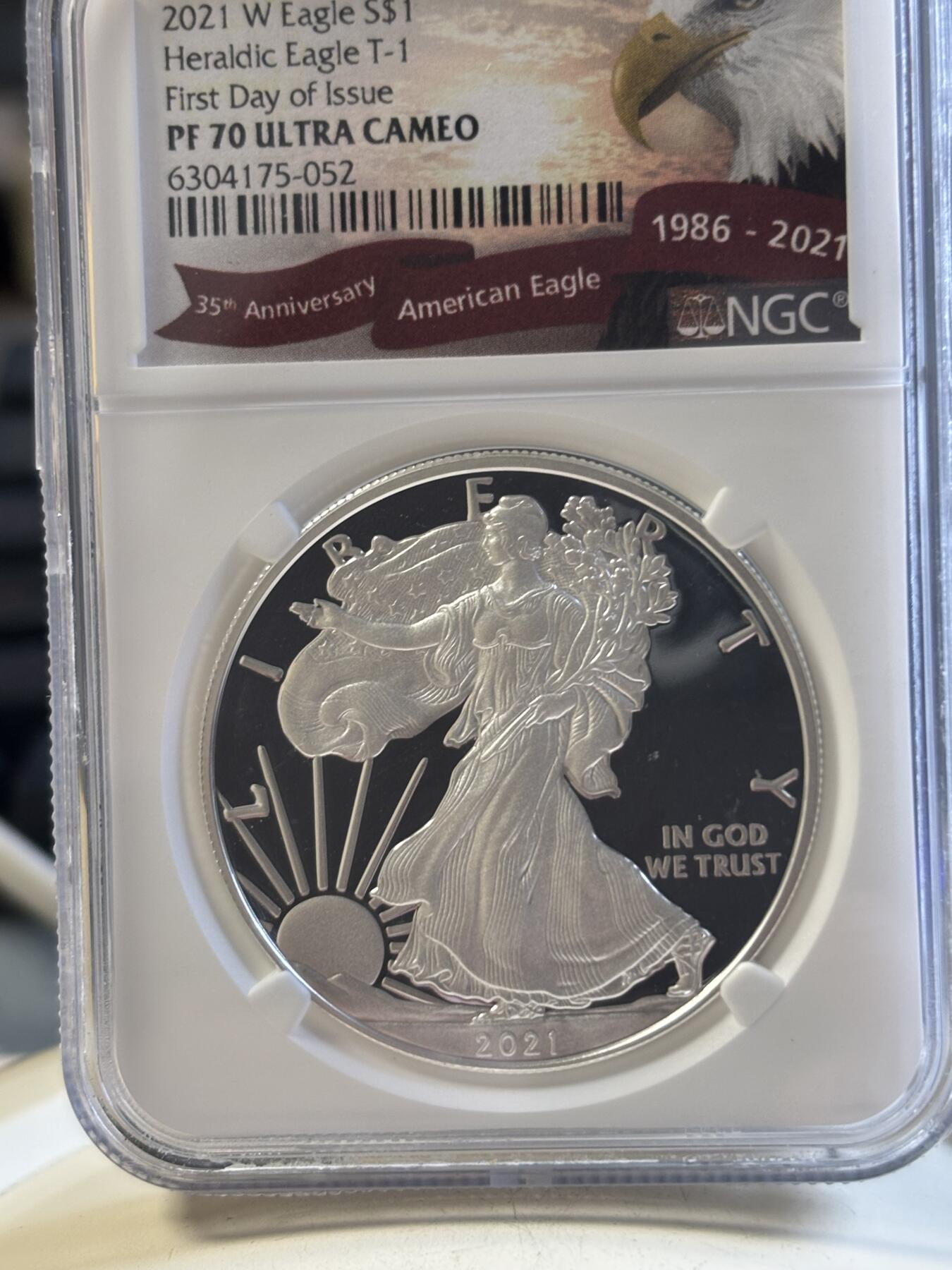 第192期拍卖 美国2021年鹰洋1盎司行走女神精制纪念银币NGC-PF70首，1盎司，999银，