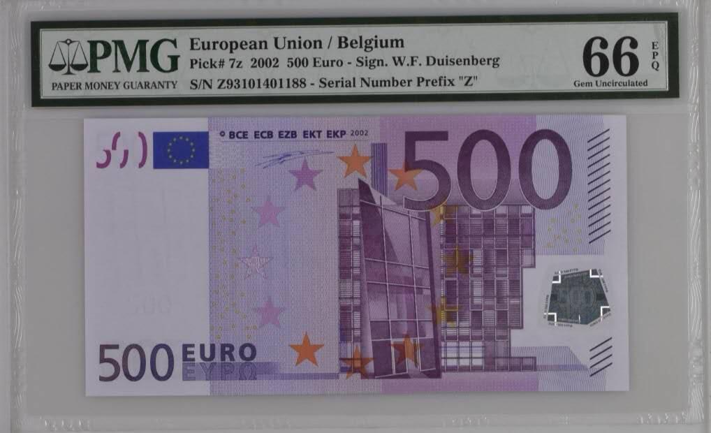 《艾美收藏》第235期-3.8周日外币荟萃 欧盟2002年Z冠比利时版一签500欧元最高值PMG66E尾88 贵族紫 高端藏品 Pick#7s