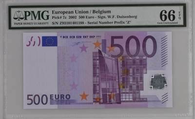 《艾美收藏》第235期-3.8周日外币荟萃 - 欧盟2002年Z冠比利时版一签500欧元最高值PMG66E尾88 贵族紫 高端藏品 Pick#7s