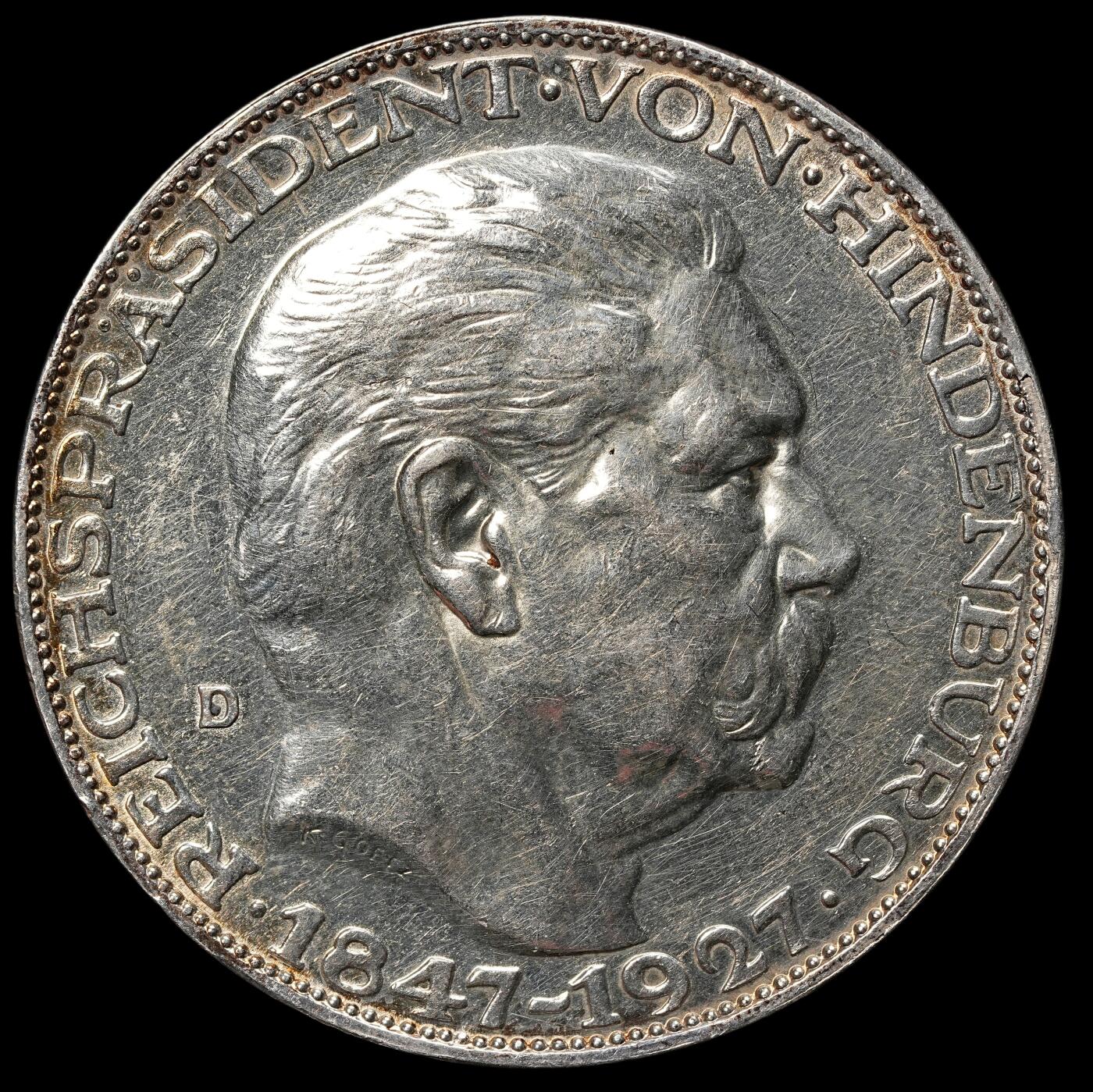 修遠堂世界钱币第106期，请看参拍说明 1927年德国-兴登堡80大寿纪念银币章 五马克型，24.80g，含银90%