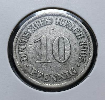 外国优质老铜币银币苏联纪念章，每周六晚九点倒数截拍，满百包邮可寄存，持续收拍 - 德意志帝国1905年10芬尼A版，属威廉二世时期流通辅币，由柏林铸币厂铸造。正面为面值与国名，背面是帝国鹰徽，见证了第二帝国工业化与殖民扩张阶段的货币体系