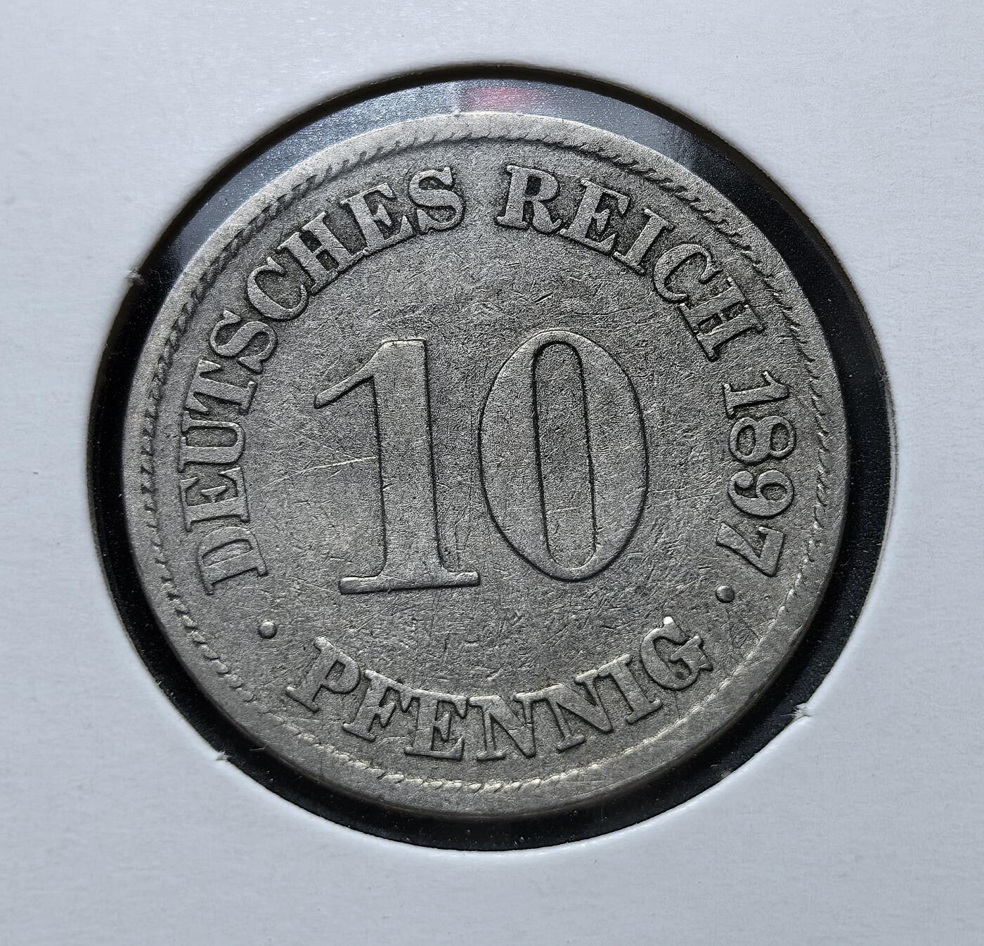 外国优质老铜币银币苏联纪念章，每周六晚九点倒数截拍，满百包邮可寄存，持续收拍 德意志帝国1897年10芬尼A版，属威廉二世时期流通辅币，由柏林铸币厂铸造。正面为面值与国名，背面是帝国鹰徽，见证了第二帝国工业化与殖民扩张阶段的货币体系