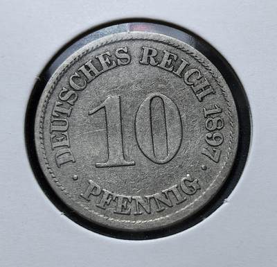 外国优质老铜币银币苏联纪念章，每周六晚九点倒数截拍，满百包邮可寄存，持续收拍 - 德意志帝国1897年10芬尼A版，属威廉二世时期流通辅币，由柏林铸币厂铸造。正面为面值与国名，背面是帝国鹰徽，见证了第二帝国工业化与殖民扩张阶段的货币体系