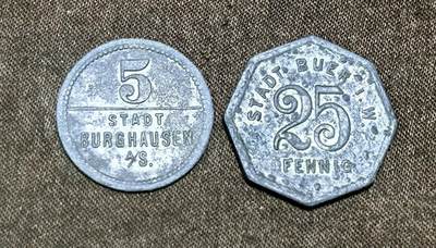 北京马甸外国币专卖第148期，非贵金属外国流通币，纪念币币，中国早期纪念币专场，陆续上拍，欢迎关注 - 德国帝国一战时期紧急状态币：巴伐利亚布尔格豪森5芬尼和巴伐利亚布尔八角形25芬尼