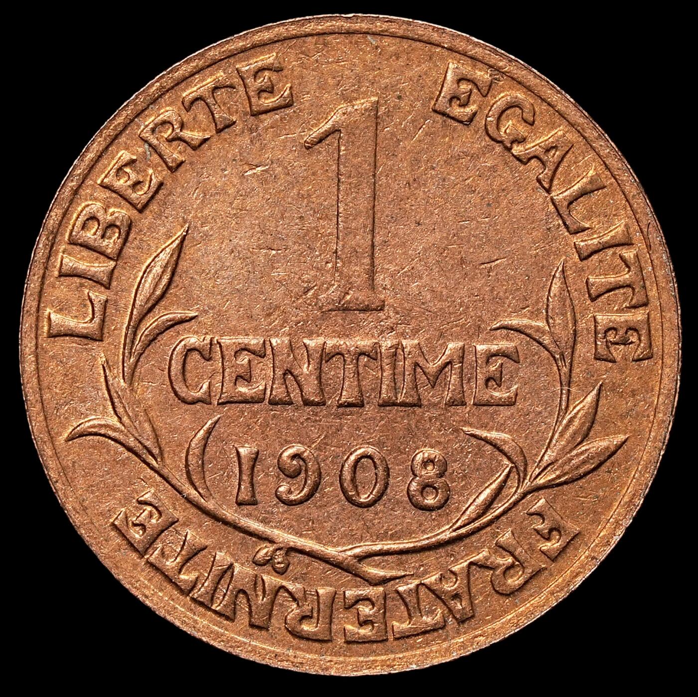 修遠堂世界钱币第106期，请看参拍说明 1908年法国1分铜币，未流通满铜光
