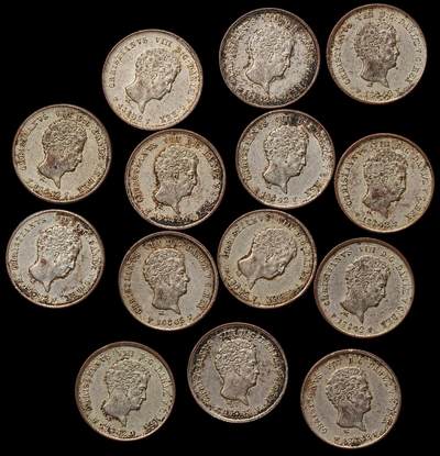 修遠堂世界钱币第106期，请看参拍说明 - 1842年丹麦1/5 rigsbankskilling铜币一组，完全未流通，老镀银