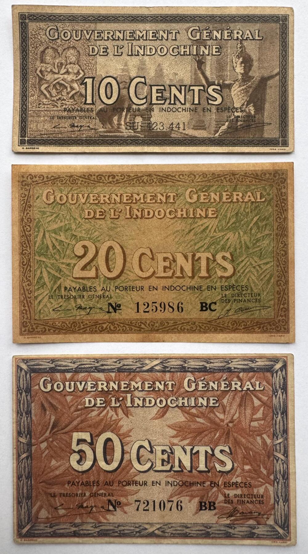 2026第4场（总第231期）：精品测试钞、外钞综合场  法属印度支那/越南1939年版一毛、二毛、五毛一组三枚（旧品如图）