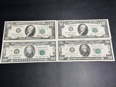 《外钞收藏家》第六百一十五期（畅拍场）（长期征集拍品、欢迎藏友们联系合作） - 美国小头版10和20美元 4张一起 品相如图 