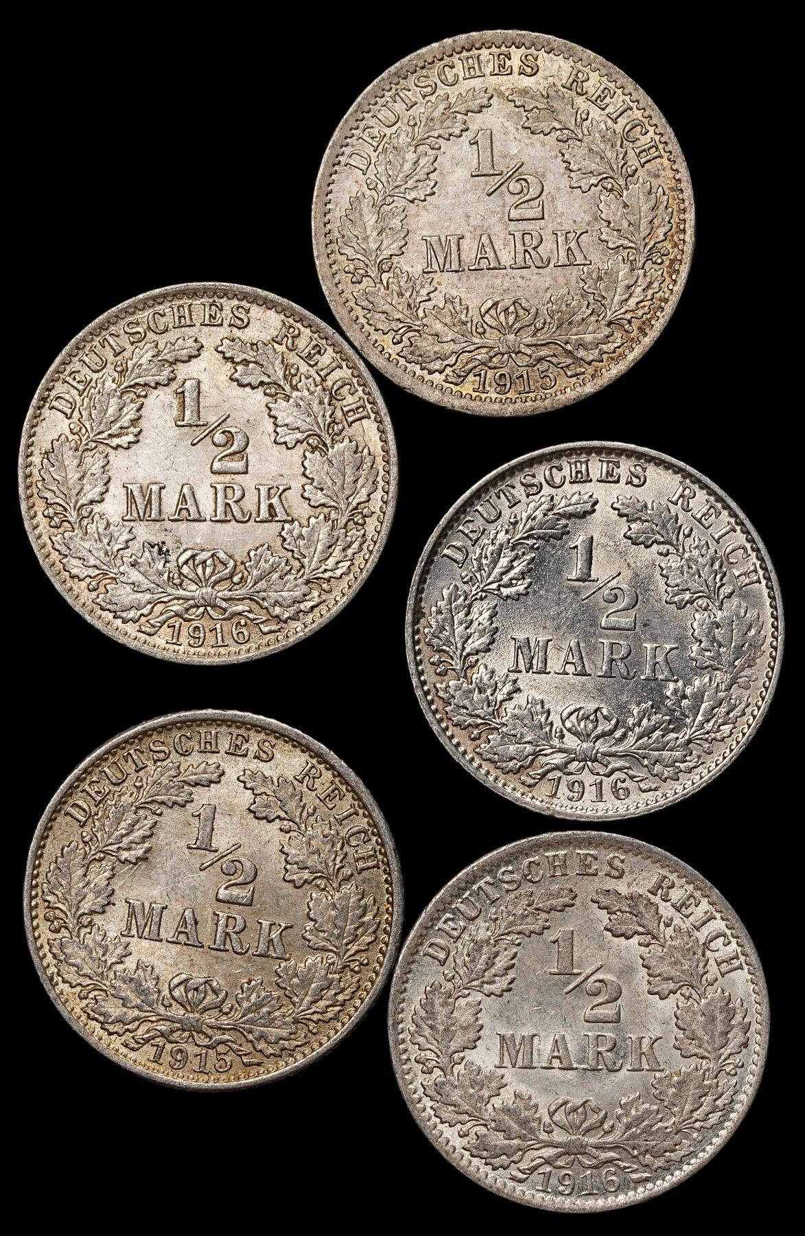 修遠堂世界钱币第106期，请看参拍说明 精选未流通，德国1/2马克银币5枚，总重13.85g，含银90%