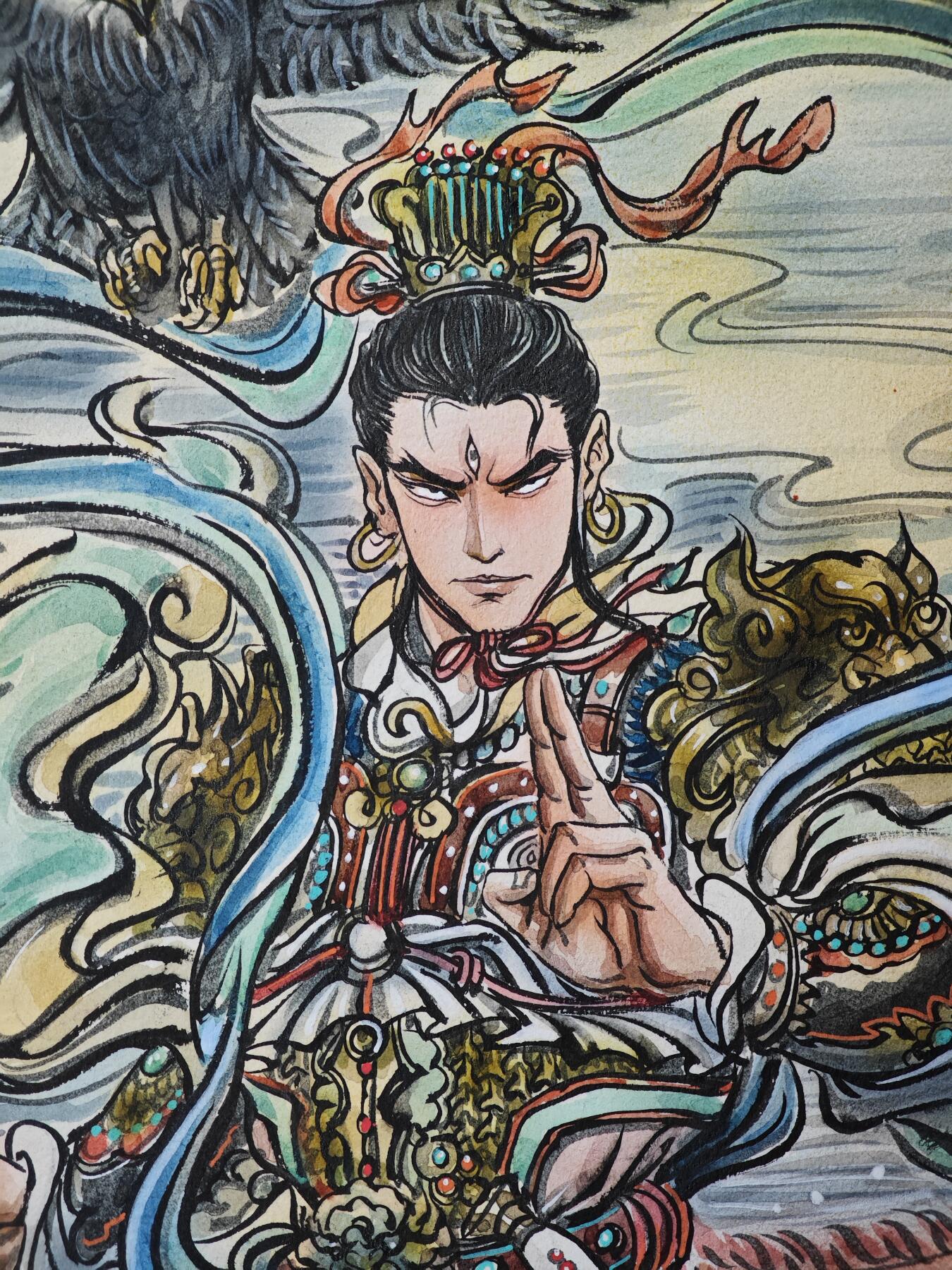 白泽拍卖卡牌手绘专场第33期（去岁千般皆如愿 今年万事定称心） 2025 梓墨手绘画 二郎神 尺寸：26.6cm*38.6cm  梓墨钤印