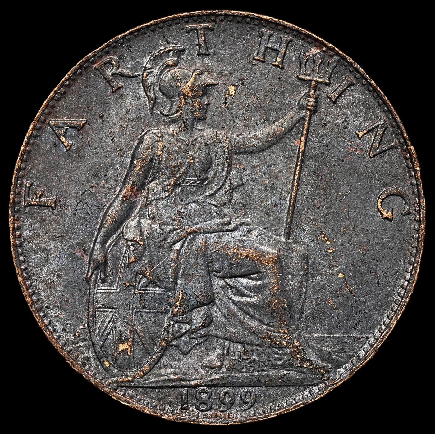 修遠堂世界钱币第106期，请看参拍说明 1899年英国1法新铜币，造币厂熏黑，未流通