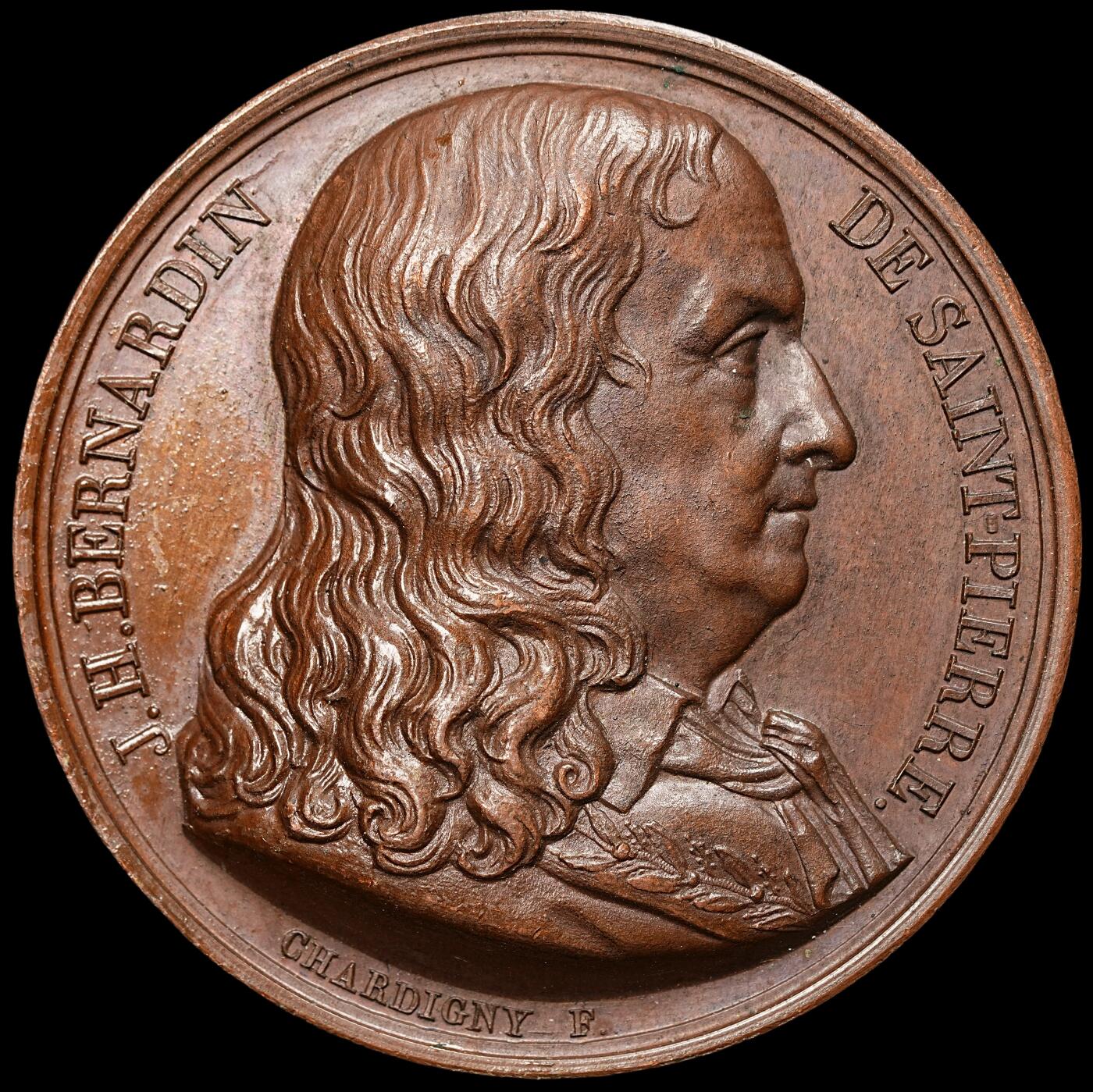 修遠堂世界钱币第106期，请看参拍说明  1823年法国-雅克 - 亨利・贝尔纳丹・德・圣皮埃尔纪念高浮雕铜章，边缘一处打磨，41.10mm，37.88g