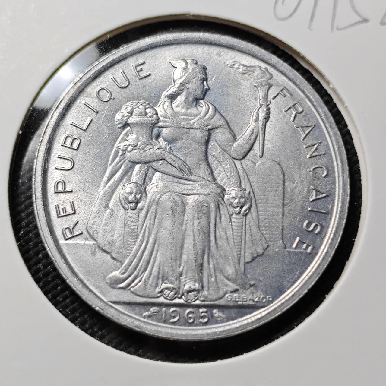 KK钱币收藏小铺   第401期 2月预留时间 周末发货 1965法属波利尼西亚5法郎 好品 