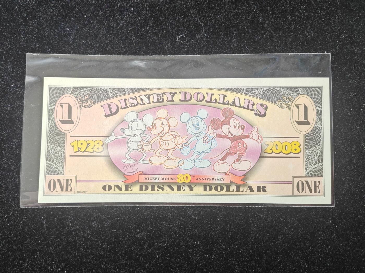 美国 迪士尼纪念钞 2008年 80周年纪念 1元 全新UNC