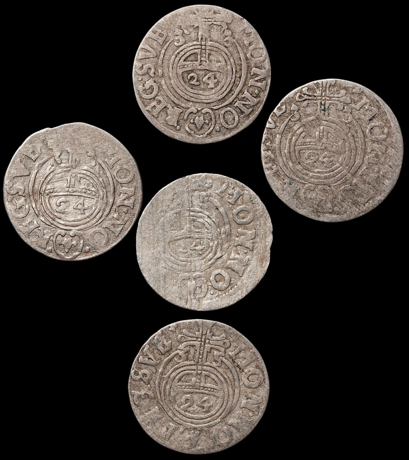 修遠堂世界钱币第106期，请看参拍说明 1633-1635年瑞典占领埃尔宾1/24泰勒银币5枚，总重4.67g